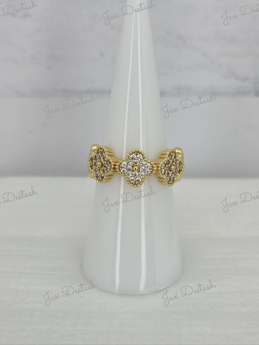 Gold Tone Clover Cluster Ring with Clear Stones RG039